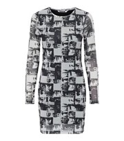 NEON & NYLON Black Newspaper Print Mesh Long Sleeve Mini Dress